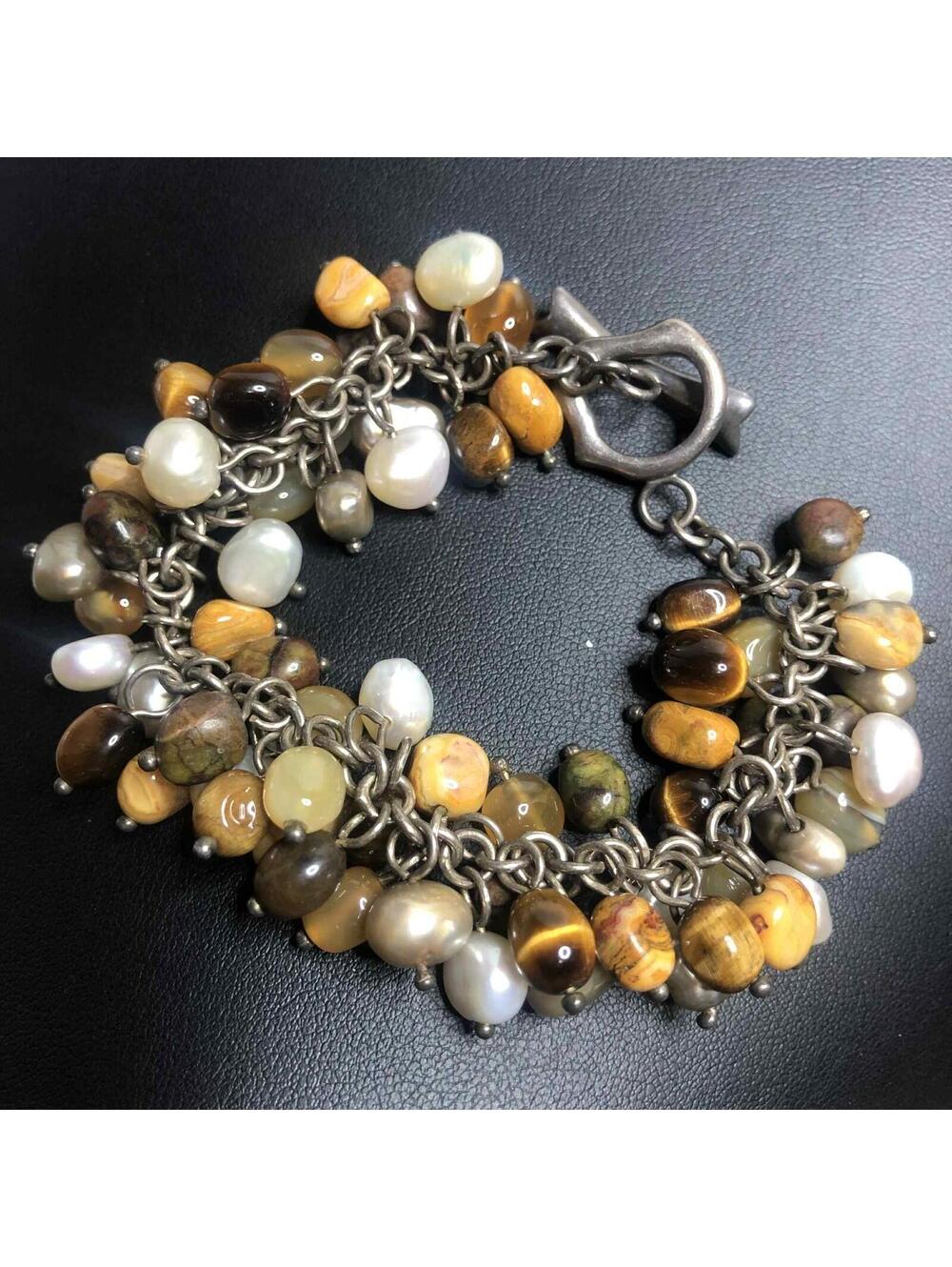 8369 VNTG WHITNEY KELLY Sterling 925 Tigers eye pearl cha-cha Bracelet 7.5"